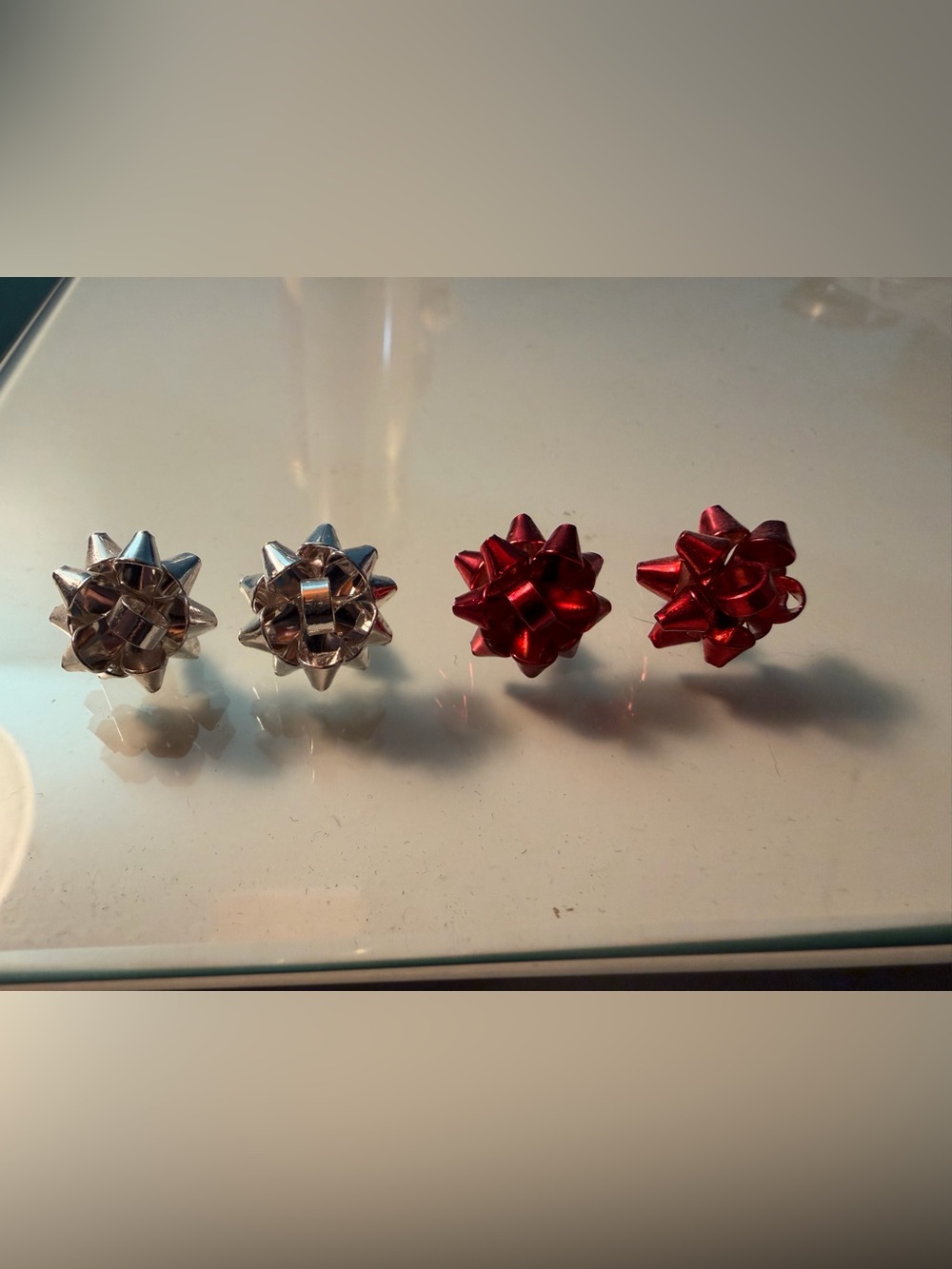 Metallic Gift Bow Stud Earrings - Red & Silver